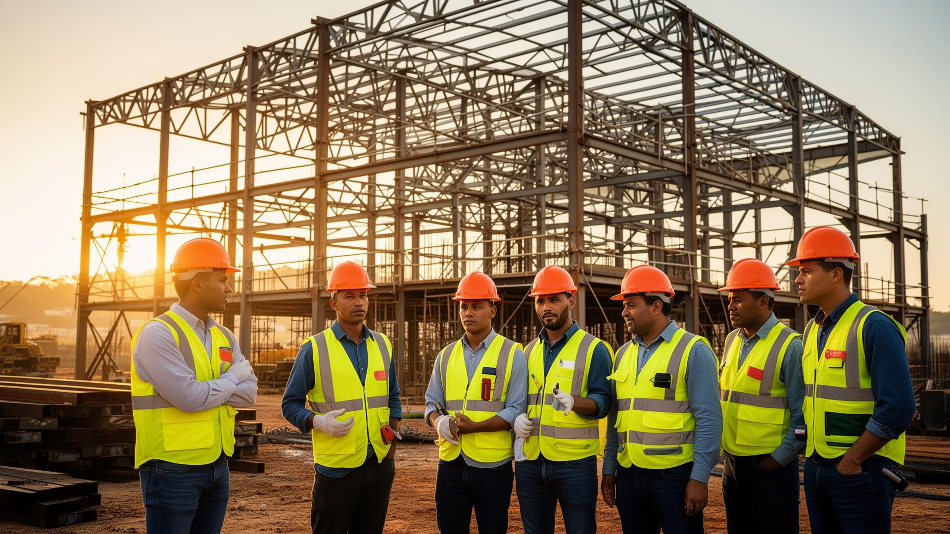 Equipe de engenharia em obra de estrutura metálica
