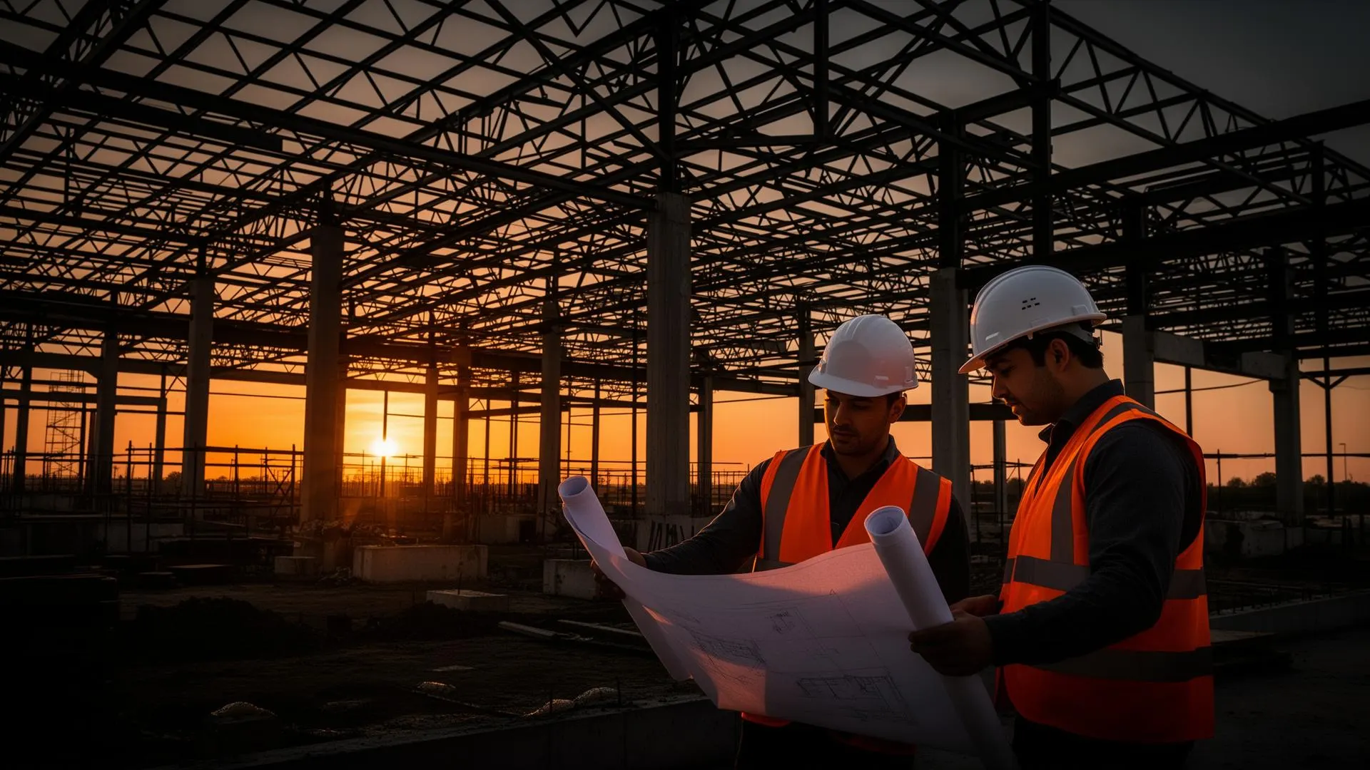 Equipe de engenharia em obra de estrutura metálica